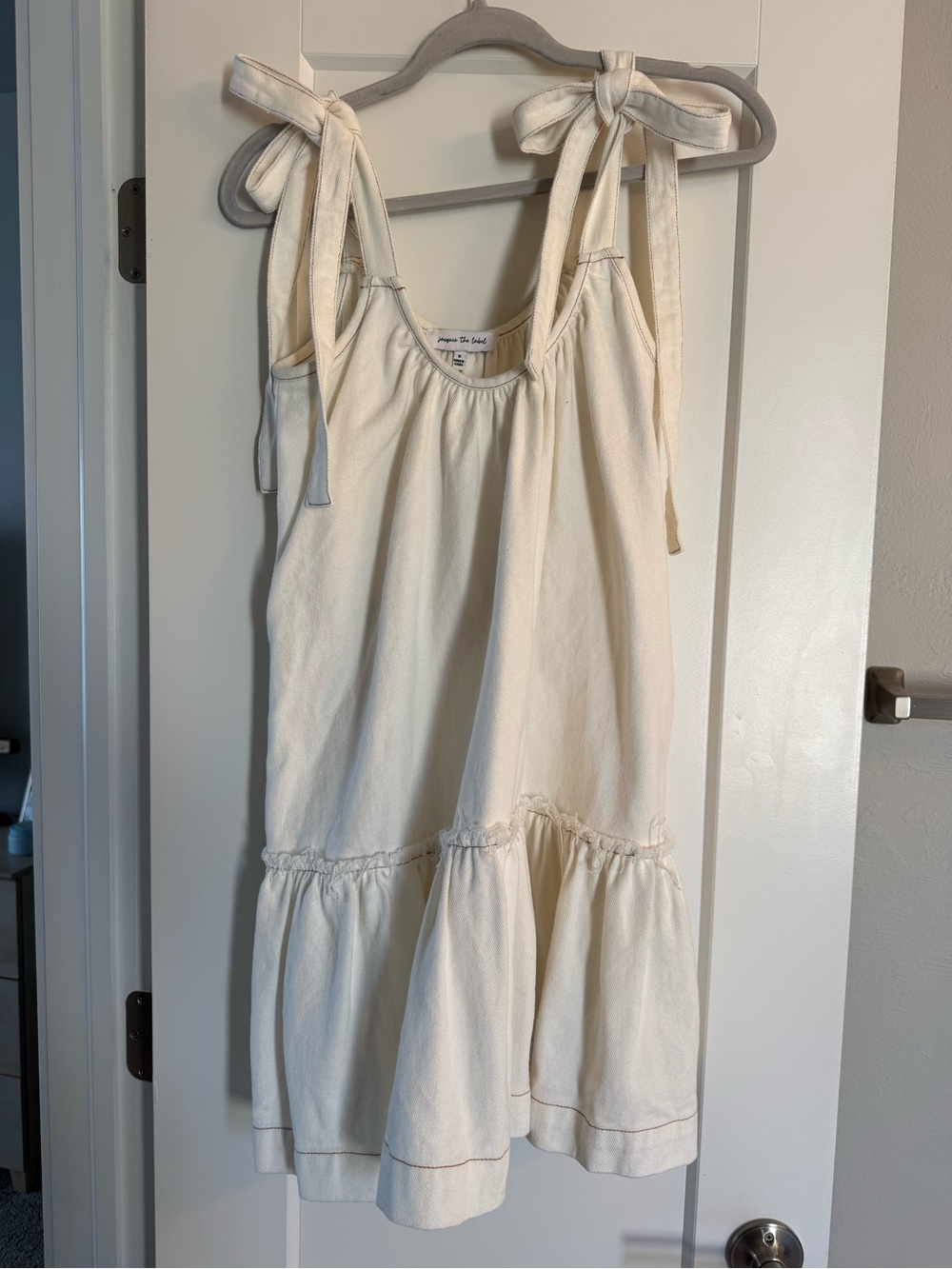 Cream Tie-Shoulder Tiered Denim Dress